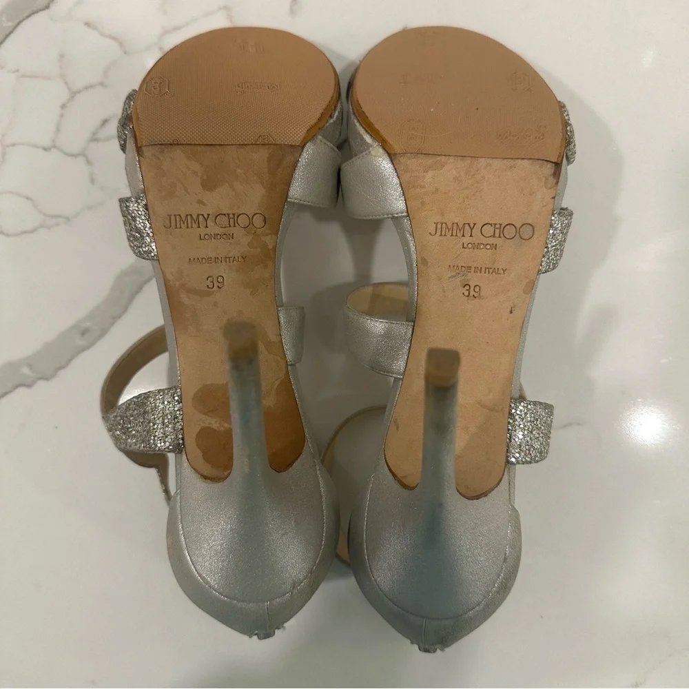 Jimmy Choo Authentic Designer Glittering Silver High Heels - Picture 15 of 16